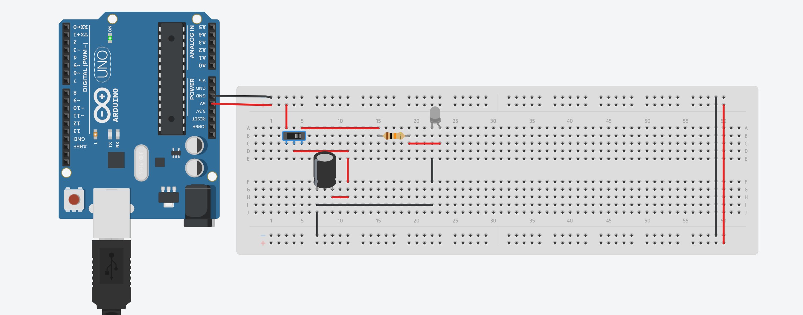 Montaggio del circuito RC su breadboard in TinkerCAD